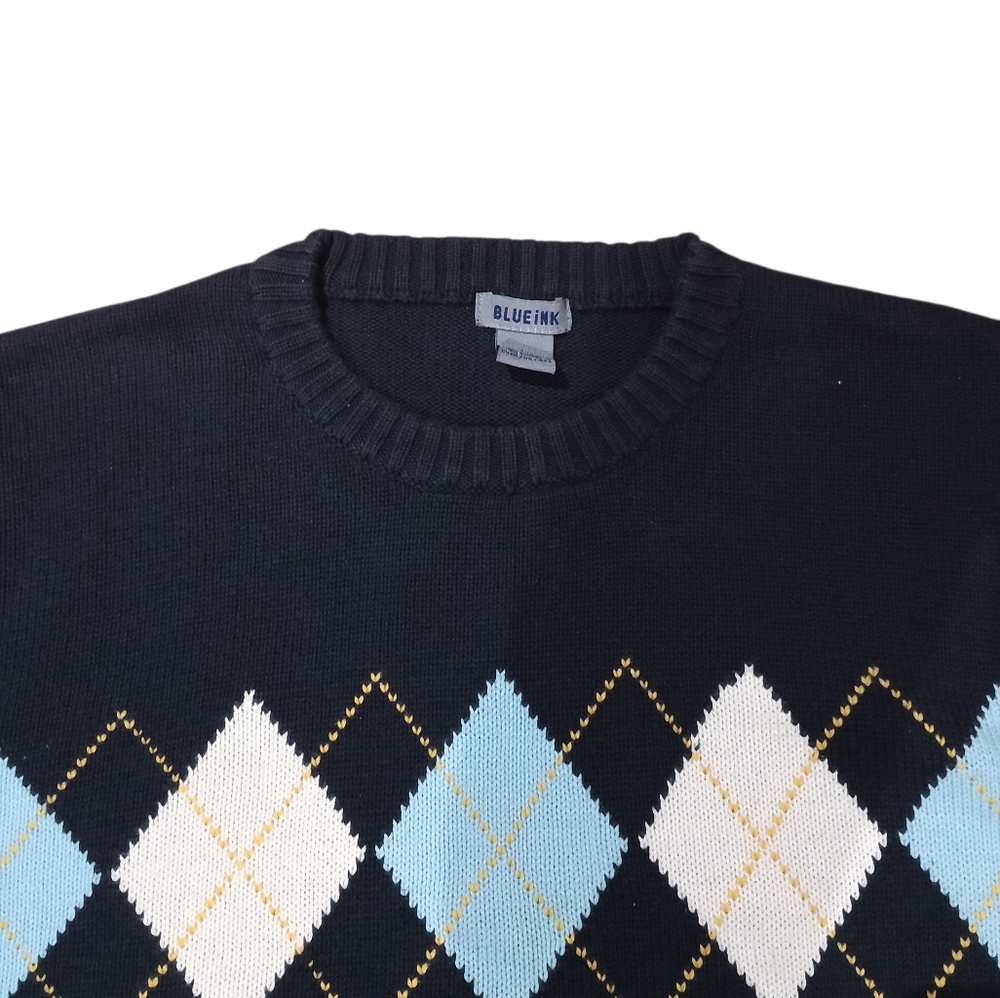 Blueink Men's Cotton  Blue Argyle Crewneck Sweater - Picture 3 of 5